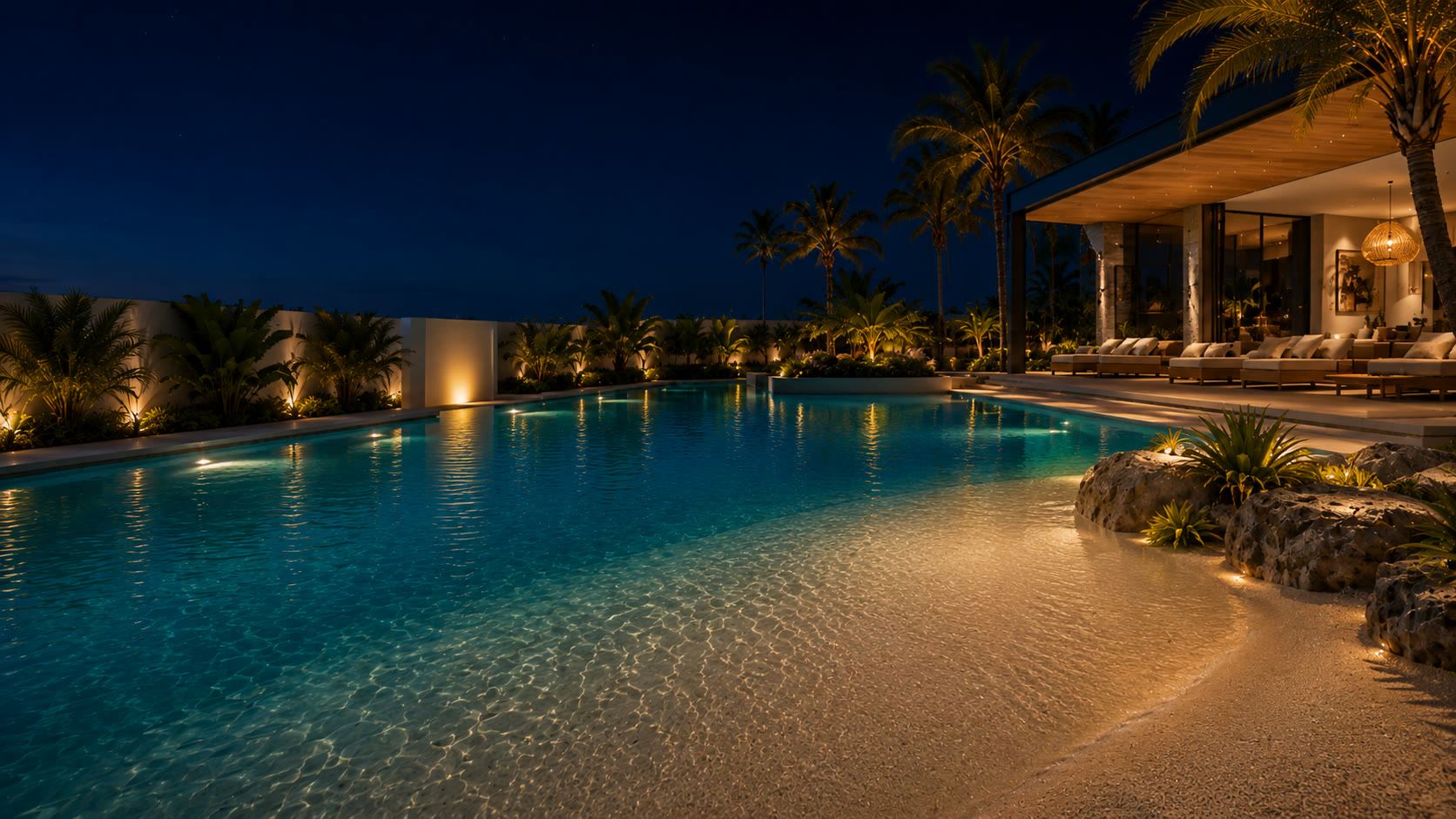 Piscina de lujo tipo playa iluminada de noche